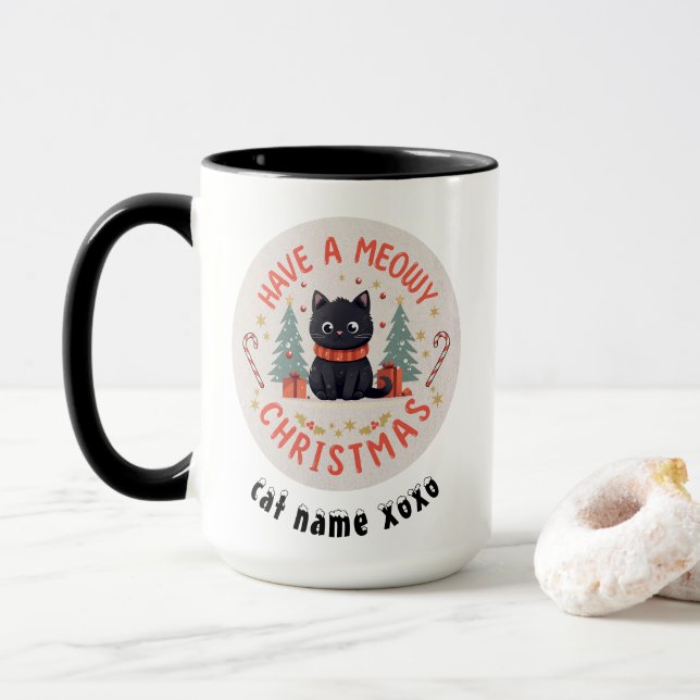 Meowy Christmas Purfect Black Cat Tasse (Mit Donut)