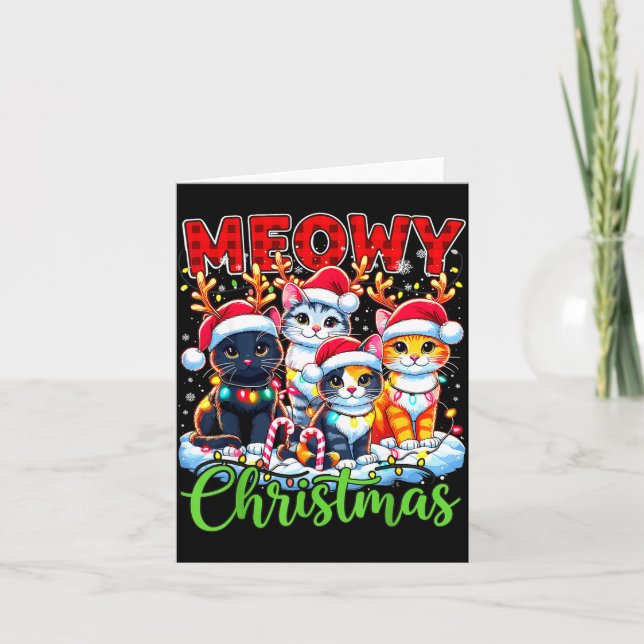 Meowy Christmas Reindeer Xmas Lights Santa Cat  Karte (Vorderseite)
