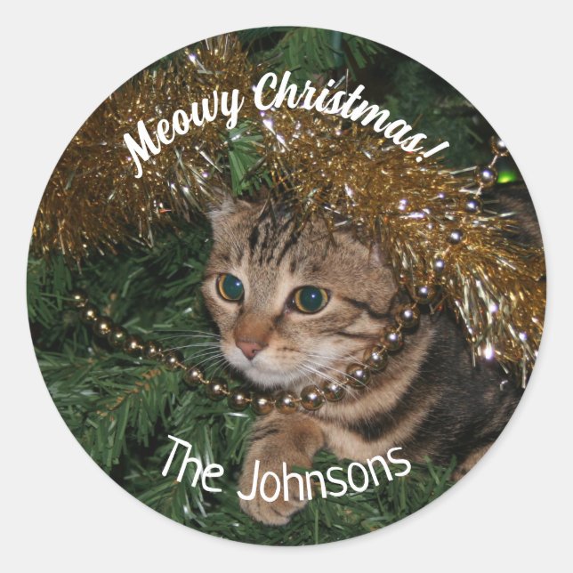 Meowy Christmas Round Cat Holiday Sticker (Vorderseite)