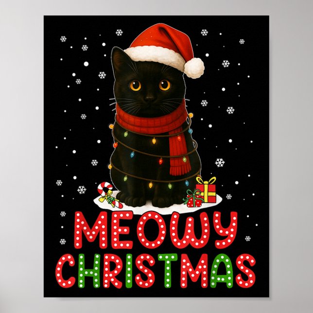 Meowy Christmas Santa Hat Funny Black Cat Men Wome Poster (Vorne)