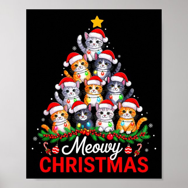 Meowy Christmas Tree Lights Cat Santa Xmas Family  Poster (Vorne)