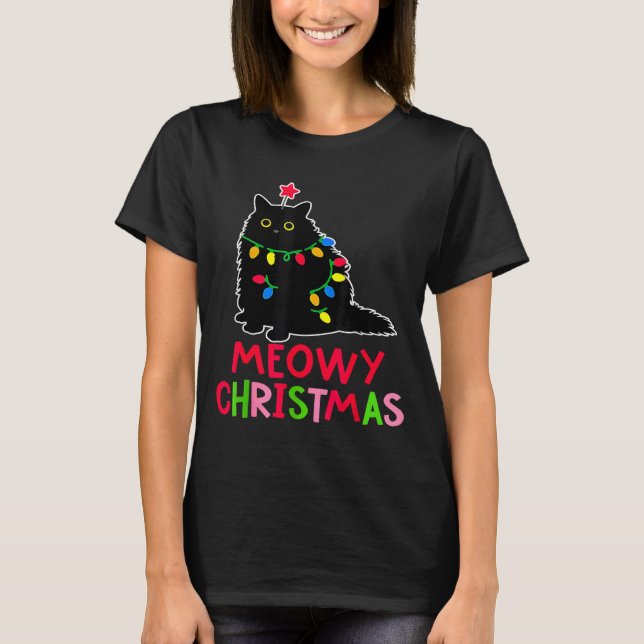 Meowy Christmas Xmas Lights Black Cat Pajamas Fami T-Shirt (Vorderseite)
