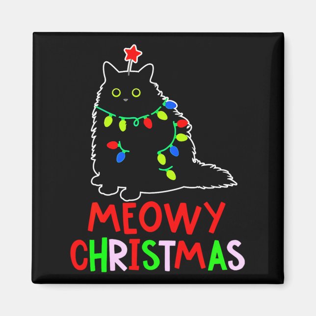 Meowy Christmas Xmas Lights Black Cat Pajamas  Magnet (Vorne)