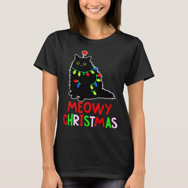 Meowy Christmas Xmas Lights Black Cat Pajamas  T-Shirt (Vorderseite)