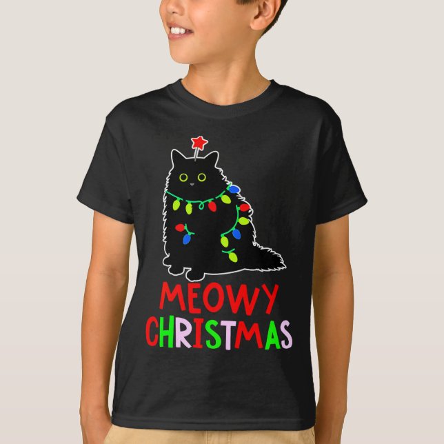 Meowy Christmas Xmas Lights Black Cat Pajamas  T-Shirt (Vorderseite)
