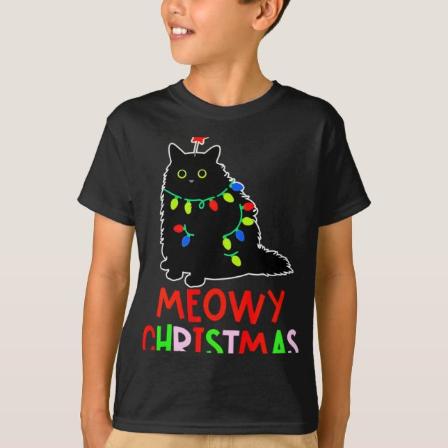 Meowy Christmas Xmas Lights Black Cat Pajamas Todd T-Shirt (Vorderseite)