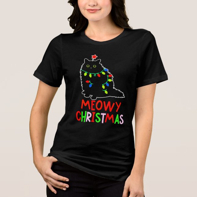 Meowy Christmas Xmas Lights Black Cat Pajamas  Tri-Blend Shirt (Vorderseite)