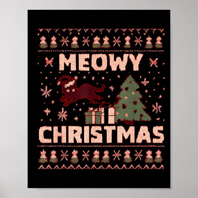 Meowy Christmas Xmas Tree Cat Ugly Sweater Pajamas Poster (Vorne)