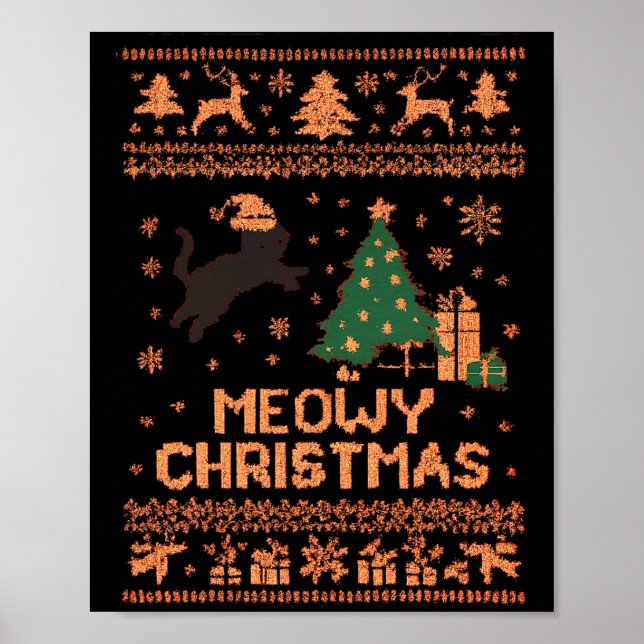 Meowy Christmas Xmas Tree Cat Ugly Sweater Pajamas Poster (Vorne)