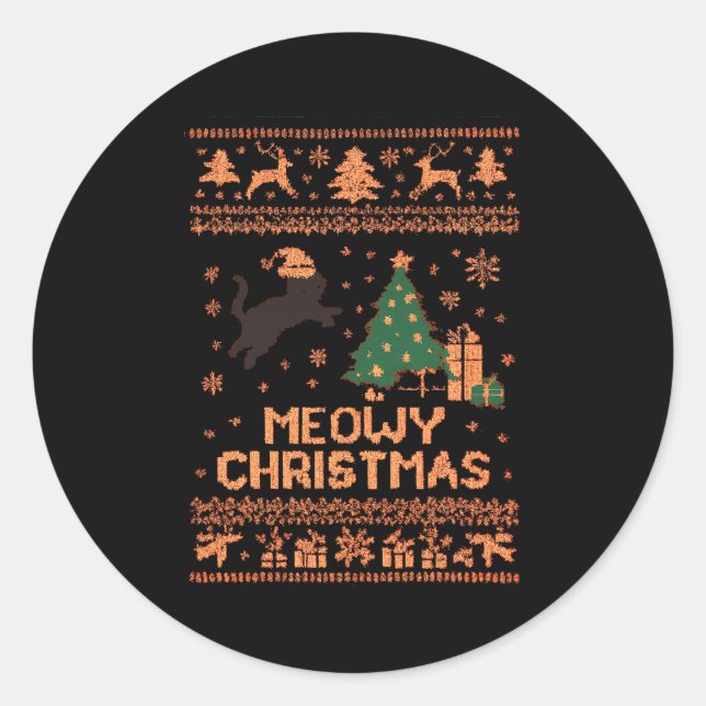 Meowy Christmas Xmas Tree Cat Ugly Sweater Pajamas Runder Aufkleber (Vorderseite)
