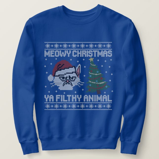 Meowy Christmas Ya Filthy Animal - Cat Head Design Sweatshirt (Design vorne)