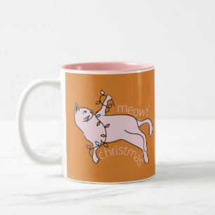 Meowy frohe Weihnachten Pink Cat Lights Zweifarbige Tasse