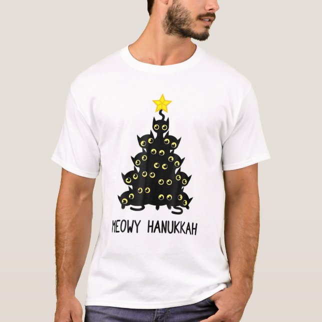 Meowy Hanukkah Kat Weihnachtsbaum Jüdische Chanuka T-Shirt (Vorderseite)