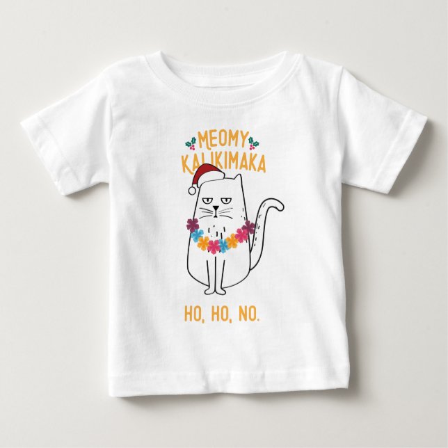 Meowy Kalikimaka Funny Cat Weihnachtsmannmütze Wei Baby T-shirt (Vorderseite)