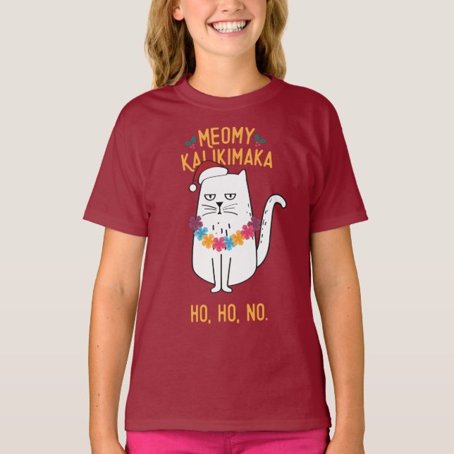 Meowy Kalikimaka Funny Cat Weihnachtsmannmütze Wei T-Shirt (Vorderseite)