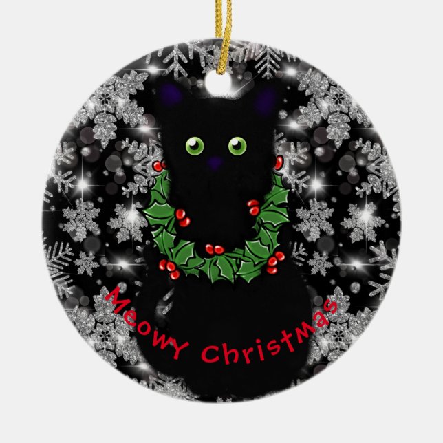 Meowy Katze Weihnachtsgrün Heiliger Kranz Keramik Ornament (Vorne)