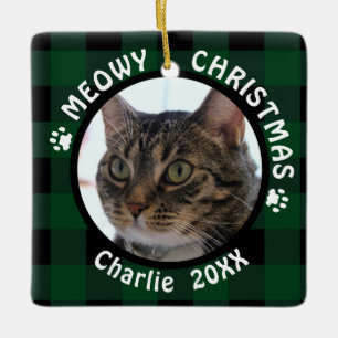 MEOWY WEIHNACHTEN2-sided 2-Foto Katze, grünes Keramikornament