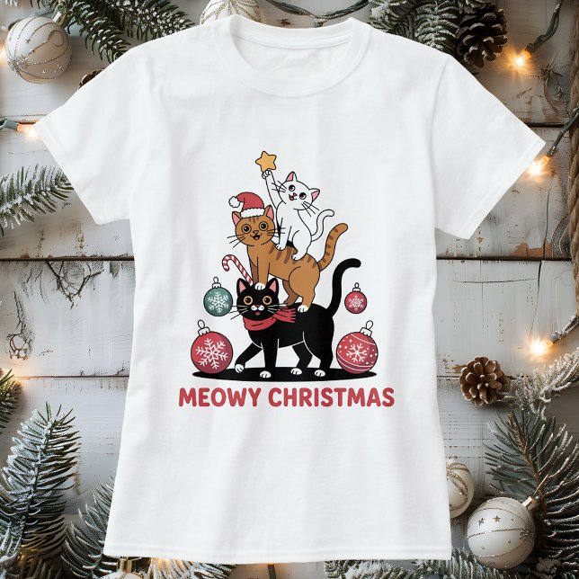 Meowy Weihnachten gestackte Katzen Lover T-Shirt (Meowy Christmas Stacked Cats Lover T-Shirt)