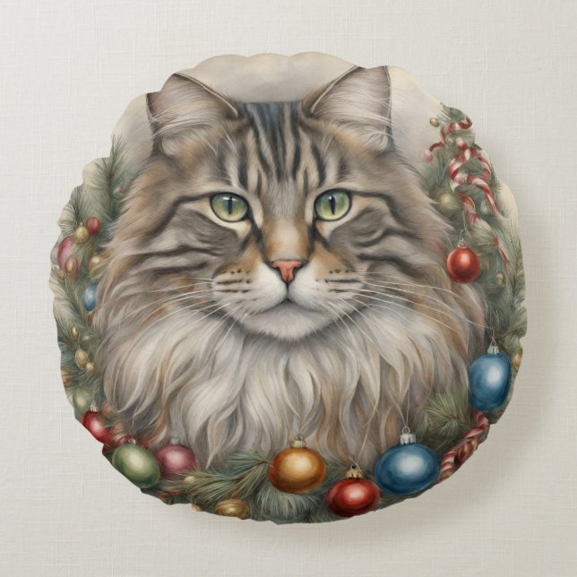 Meowy Weihnachten, Maine Coon Cat Lover Geschenke Rundes Kissen (Vorderseite)