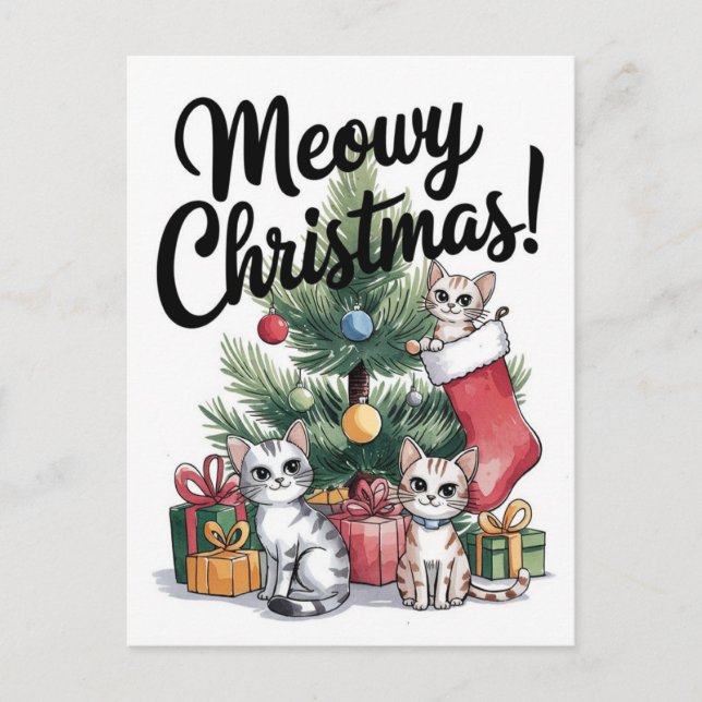 Meowy Weihnachten Niedliche Katzen Postkarte (Vorderseite)