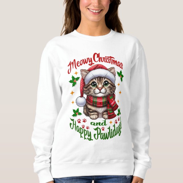 Meowy Weihnachten und glückliche Pawlidays Grüße Sweatshirt (Vorderseite)