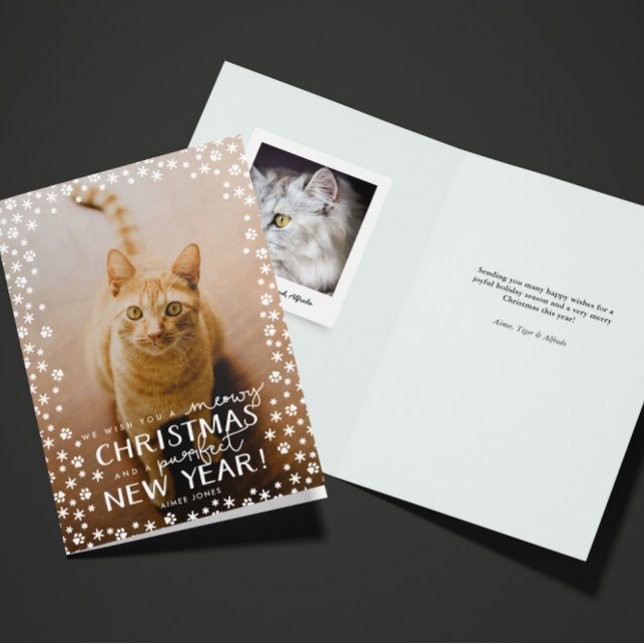 Meowy Weihnachten und Purfect Neujahr Katze Urlaub (folded cat Christmas holiday and new year greeting card with custom photo and message inside)