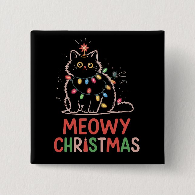 Meowy Weihnachten Weihnachten Lichter Black Cat Pa Button (Vorderseite)