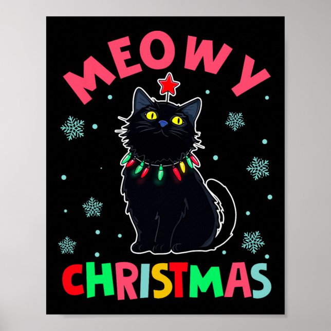 Meowy Weihnachten Weihnachten Lichter Black Cat Pa Poster (Vorne)