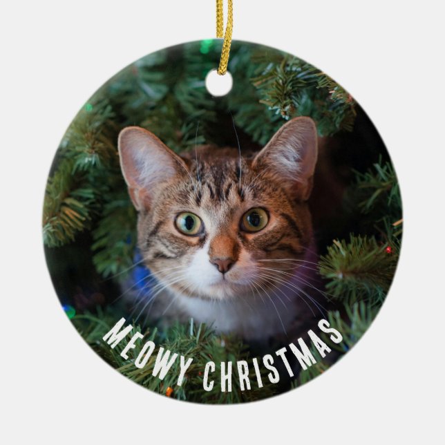 Meowy Weihnachts Cat Foto zwei Seiten Keramik Ornament (Vorne)