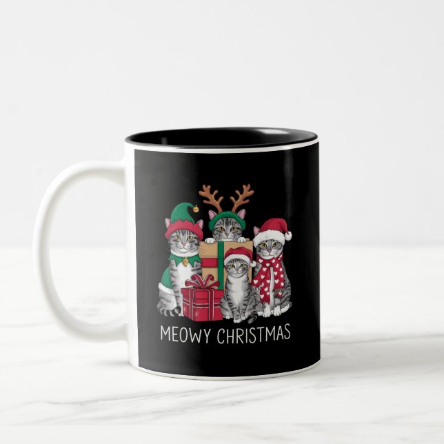 Meowy Weihnachts Cat Xmas Funny Cats Lover Zweifarbige Tasse (Links)