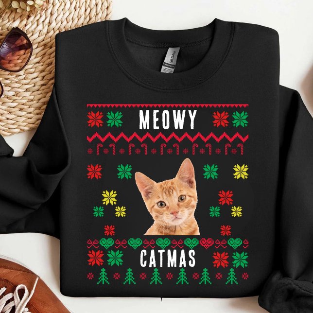 Meowy Weihnachts Custom Cat Foto Ugly Xmas Sweatshirt (Von Creator hochgeladen)