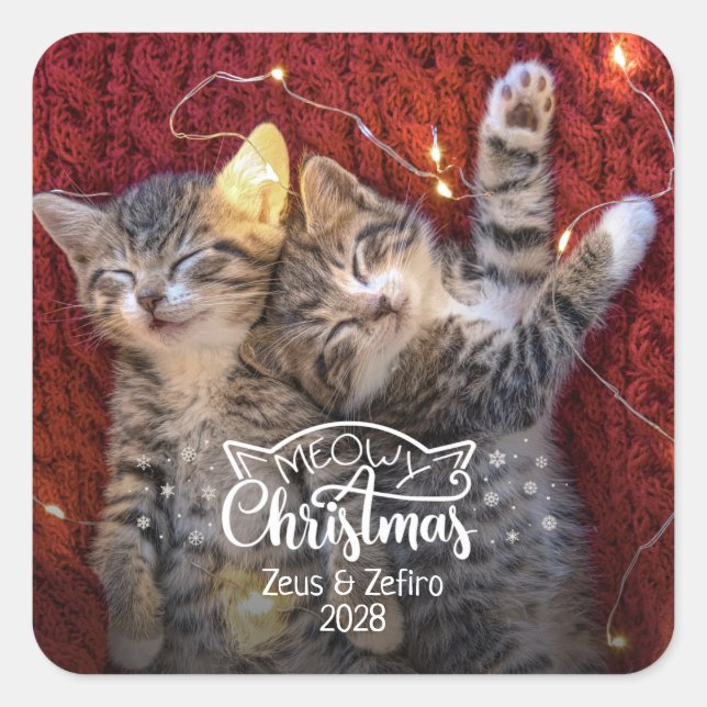 Meowy Weihnachts Spaß Katzenfresser Foto Liebhaber Quadratischer Aufkleber (Vorderseite)