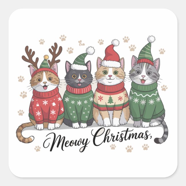 Meowy Weihnachtskatze Niedliche Katzen mit Santa C Quadratischer Aufkleber (Vorderseite)