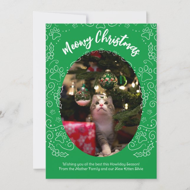 Meowy Weihnachtskatze Weihnachtskarte Grün Einladung (Vorderseite)