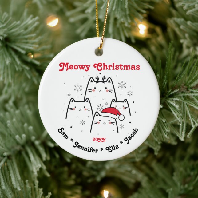 Meowy Weihnachtskatzenfamilie anpassbar Keramik Ornament (Baum)