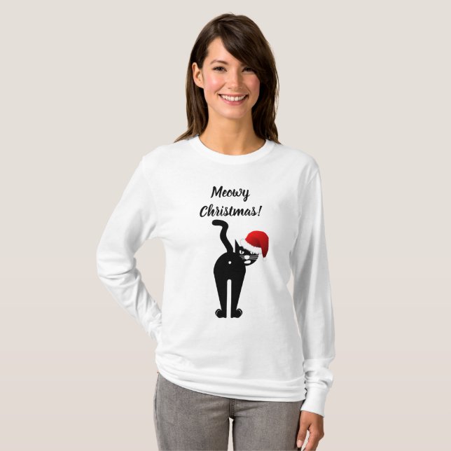 Meowy Weihnachtslustige Katze humorvoll T-Shirt (Vorne ganz)