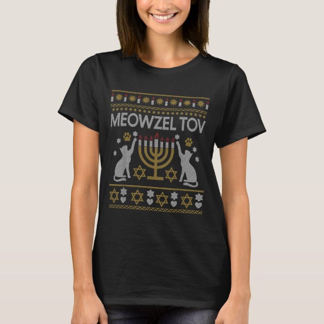 Meowzel Tov Cat Hanukkah 2025 Funny Ugly Christmas T-Shirt (Vorderseite)
