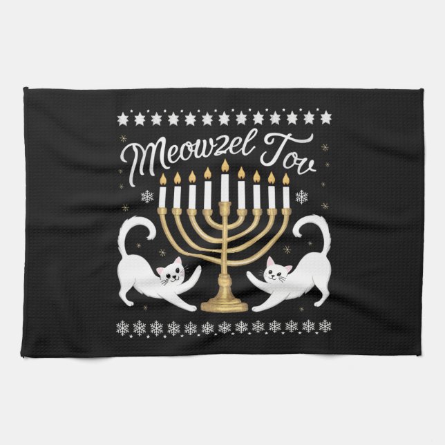 Meowzel Tov Funny Chanukah Hanukkah Ugly Sweater Geschirrtuch (Horizontal)