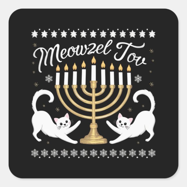 Meowzel Tov Funny Chanukah Hanukkah Ugly Sweater Quadratischer Aufkleber (Vorderseite)