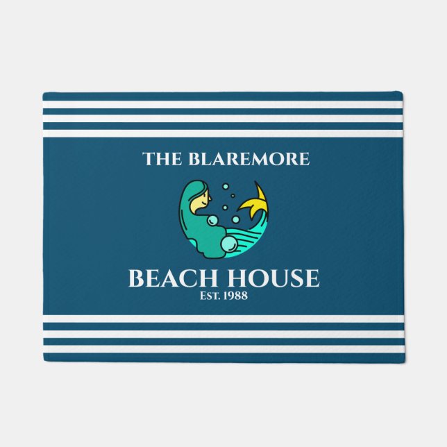 Meraid Ocean Blue White Stripes Name Niedlich Fußmatte (Vorderseite)