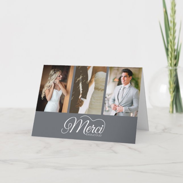 Merci Beaucoup Graues Foto Handschrift Hochzeit Dankeskarte (Vorderseite)