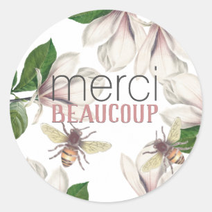 Merci Beaucoup Vielen Dank mit Blume und Biene Runder Aufkleber