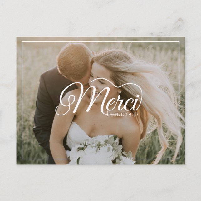 Merci Beaucoup White Script Modernes Foto Hochzeit Postkarte (Vorderseite)