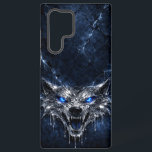 Mercury Wolf Blue Sapphire Eyes Glacial Samsung Galaxy Hülle<br><div class="desc">A fierce and sophisticated phone case featuring a snarling wolf head, expertly "forged" from shimmering liquid mercury. The deep blue sapphire eyes provide a stunning contrast against the dark, cracked glacial ice background. Designed for the modern flagship phone with a bottom-weighted layout to ensure the artwork remains clear of all...</div>