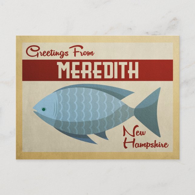Meredith New Hampshire Blue Fish Vintage Travel Postkarte (Vorderseite)