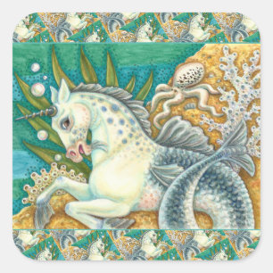 MERHORSE & WHITE OCTOPUS, FANTASY UNICORNHORSE QUADRATISCHER AUFKLEBER