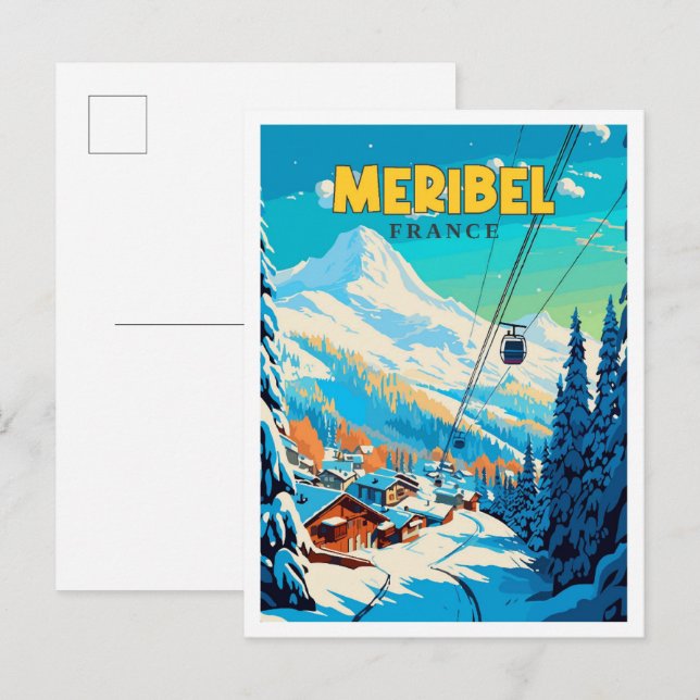 Meribel France Vintage Reise Illustration Postkarte (Vorne/Hinten)