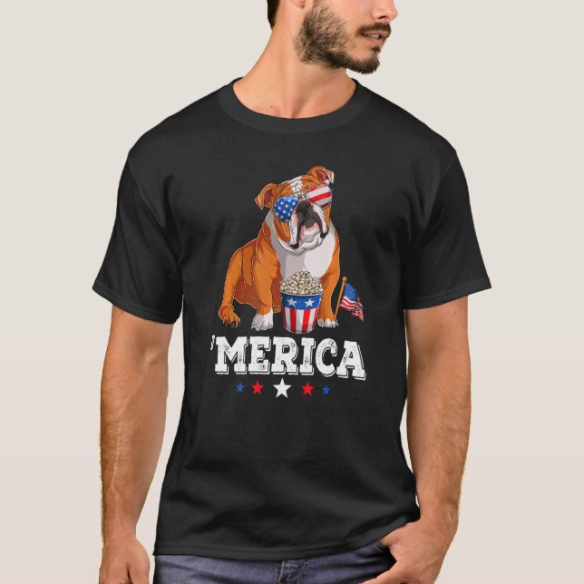 Merica Bulldog 4. Juli USA American Flag Engli T-Shirt (Vorderseite)