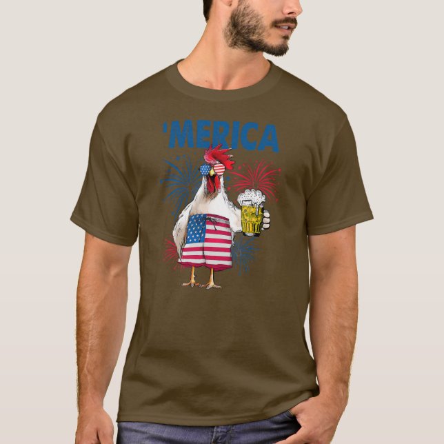Merica Funny Chicken mit Bier USA Flag 4. T-Shirt (Vorderseite)