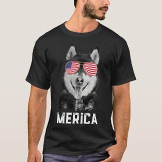 Merica Funny Siberian Husky Puppy Dog American Fl T-Shirt